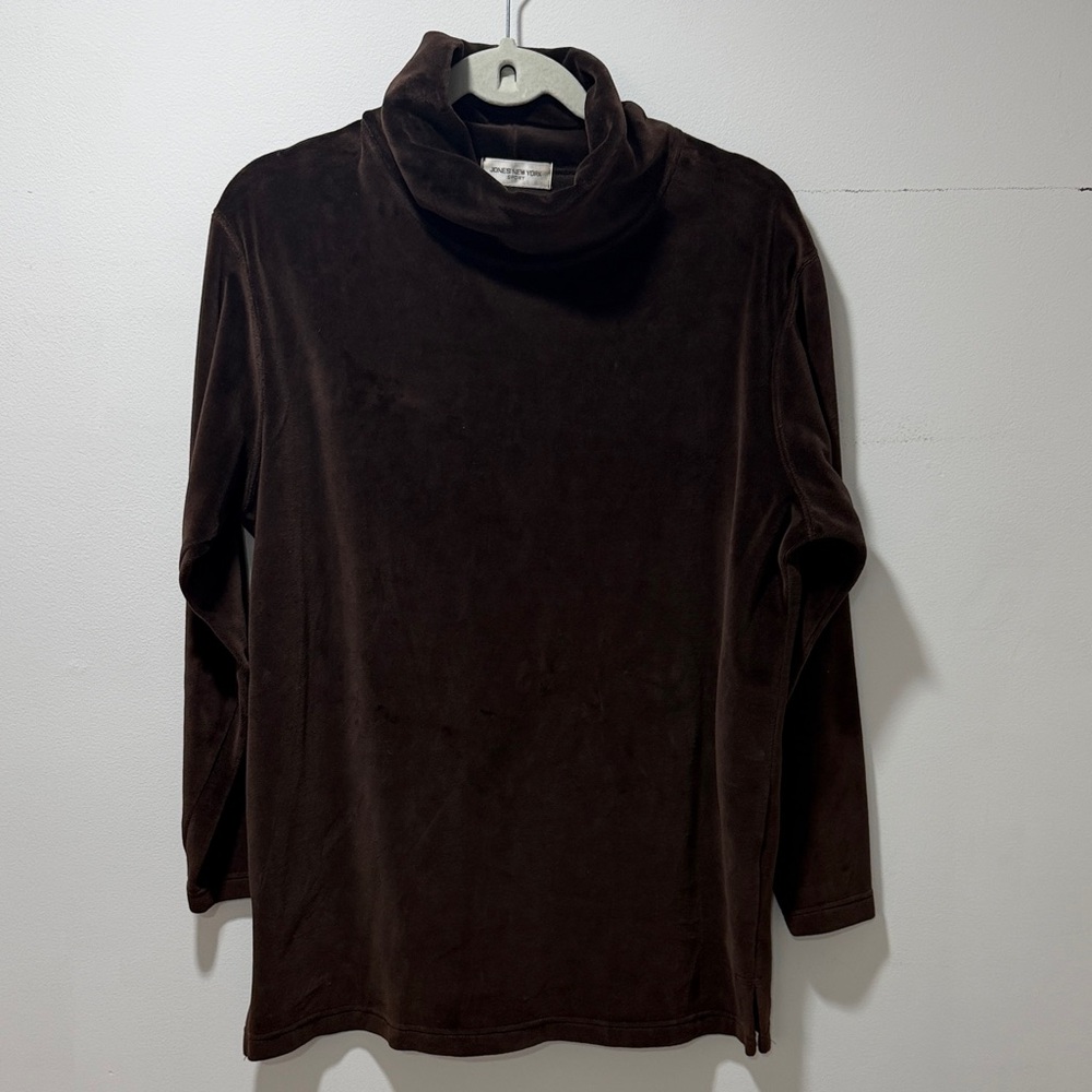 Jones New York Brown Velvet Turtleneck Long Sleeve Blouse LARGE Top‎ Retro Y2K